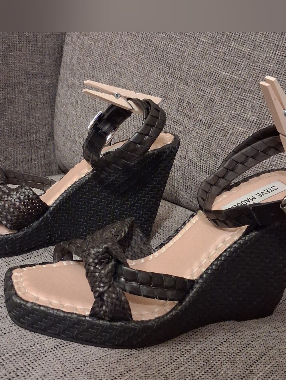 Steve Madden Black Woven Platform Wedge Sandals with Ankle Strap